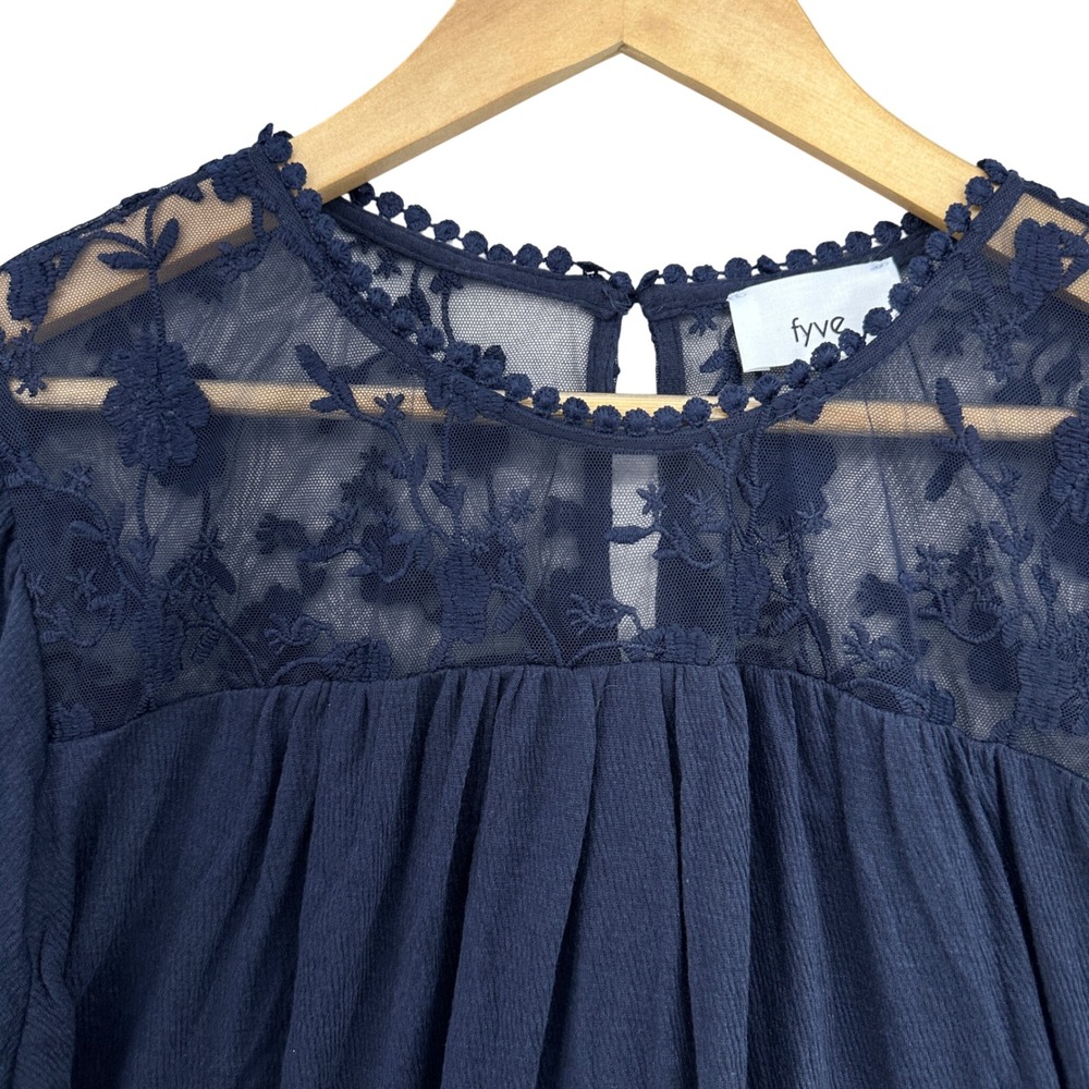 Fyve Navy Blue Lace Yoke Bell Sleeve Blouse XL NEW Boho Cottagecore Whimsical